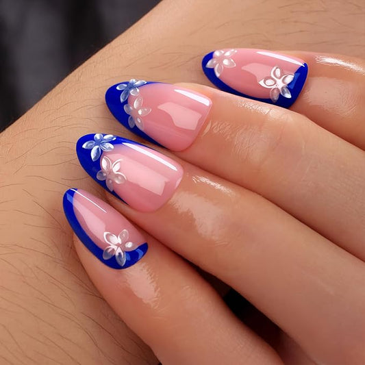 Blue French Tip Press-On Nails with 3D Flower Design, Almond Shaped Fake Nails, Glossy Reusable Stick-On Nails for Women, 24Pcs Full Cover Nail Kit