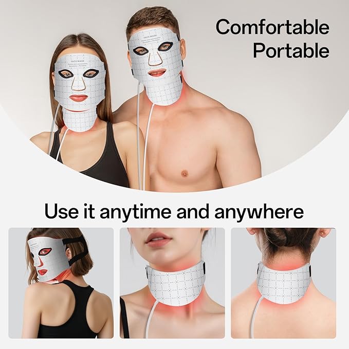 Red Light Mask for Face and Neck - Facial Skin Care Device, Portable, Lightweight, Rechargeable and Ergonomic Design for Home (White)