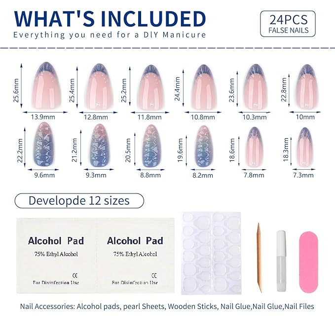 Mivoa Almond Press On Nails Medium, 24PCS Iridescent 3D Mermaid Scale Acrylic Fake Nails with Glue Kit, Gradient Pink Purple Stick On Nails for Women, Reusable Glossy False Nails for Party, Wedding