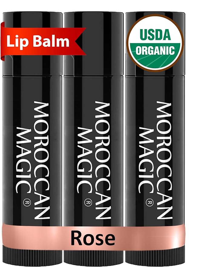 Moroccan Magic Organic Rose Lip Balm 3 Pack | Ultra-Hydrating Argan & Essential Oil Lip Moisturizer + Vitamin E | Natural Chapstick for Dry Lips | Smooth, Non-Toxic | Organic Lip Balm