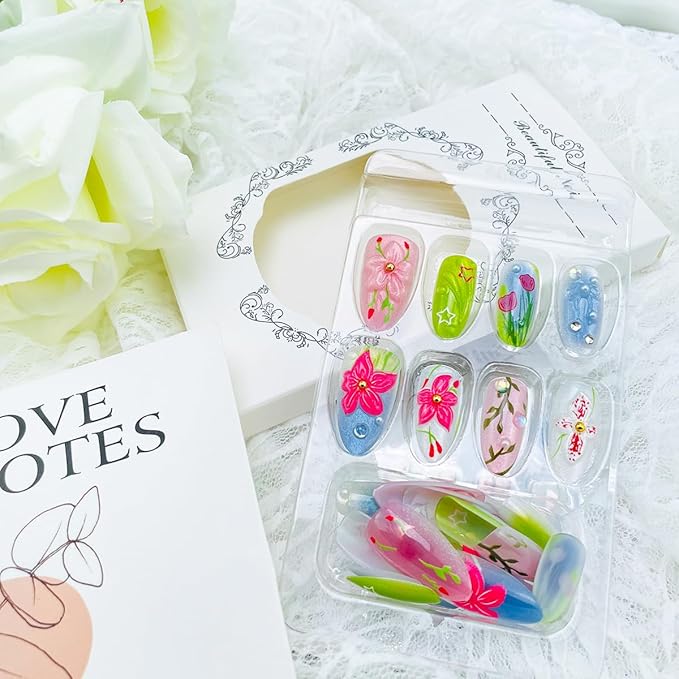 30Pcs 3D Flower Press on Nails Medium Almond Fake Nails with Gem Rhinestones Design Heart Bow Acrylic Nails Full Cover Cute Flowers False Nail Reusable Fall Stick on Nail for Women Manicure Decor