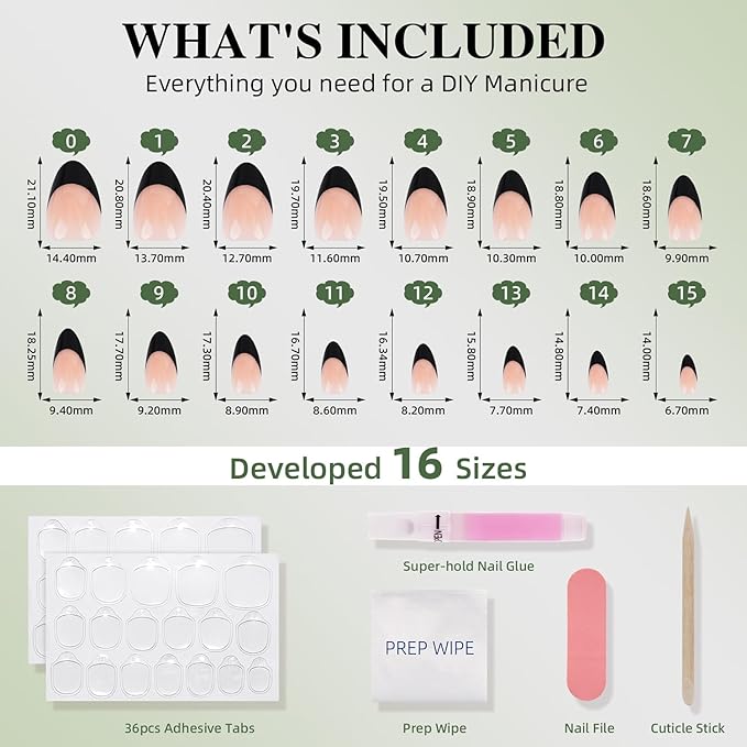 Black French Tip Press On Nails - Black Short Almond Fake Nails, French Tip Press On Nails Reusable Stick On Nails in 16 Sizes, 32pcs False Nail Kit for Women & Girls