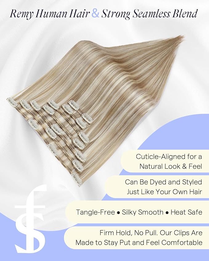 Full Shine Clip in Extensions 20 Inch Golden Blonde Mix Light Blonde Thick Human Hair Extensions Full Head Clip in Human Hair Remy Straight Hair 7 Pcs