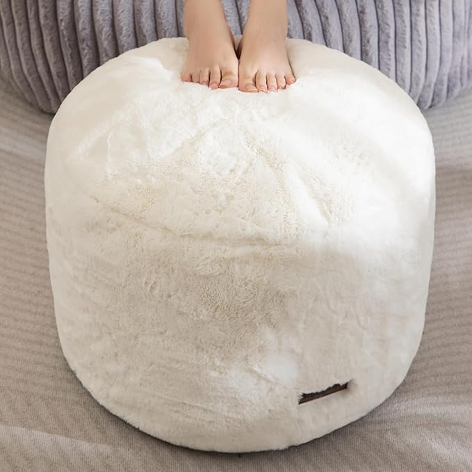 HIGOGOGO Pouf Stuffed Ottoman Round Modern Foam Filled Foot Rest Chair Decorative Poufs 26 x 18 Inches Fluffy Boho Comfy Stool for Living Room, Beige