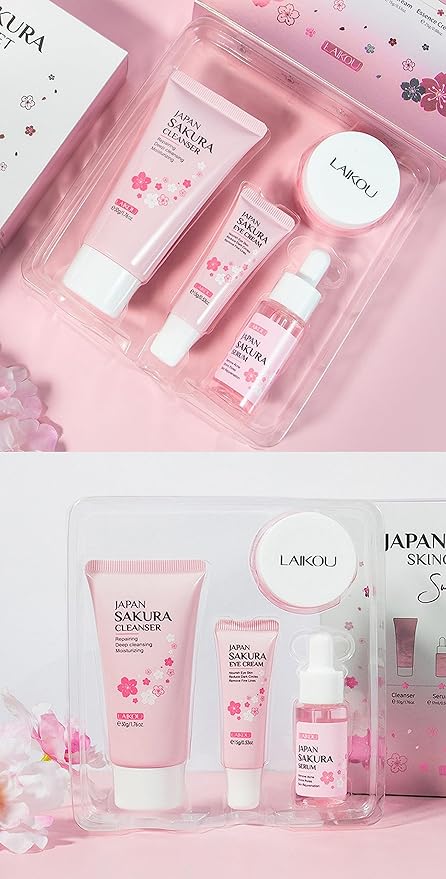 Gentle Skin Daily Skincare Set for Teen Girls & Women, JAPAN SAKURA Face Care Kit Includes Cleanser Hydrating Serum Essence Eye Cream, Sensitive Skin & Travel Essentials (4PCS)