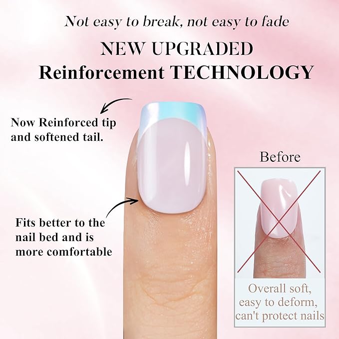 French Tip Press on Nails Short, Jofay Fashion Soft Gel Fake Nails, Classic Aurora French Nails, Reusable & Natural Acrylic False Nails, Stick on Nails for Women Girls Gift, Glue on Nails Kit 32 Pcs