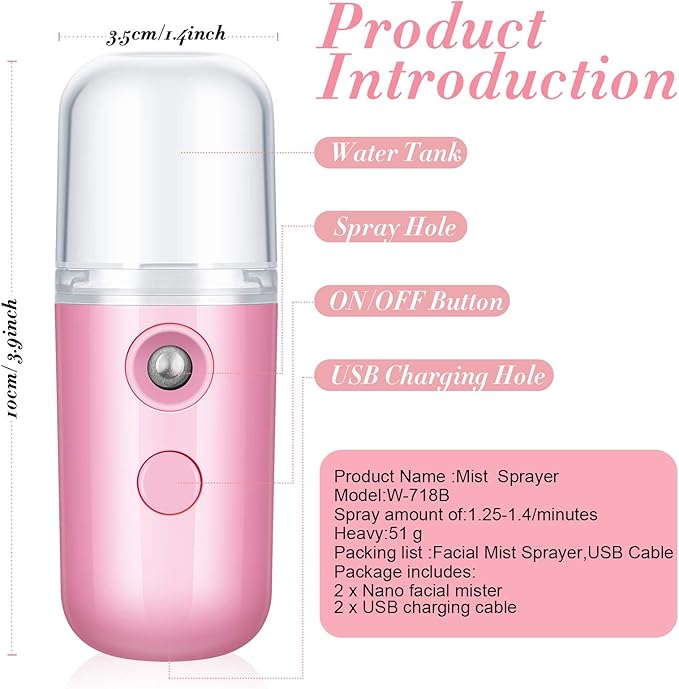 Honoson 2 Nano Facial Mister Sprayer Portable Face Nano Mister for Eyelash Extensions USB Rechargeable 1 oz Handy Skin Care Machine for Face Hydrating, Daily Makeup(Blue and Dark Pink)