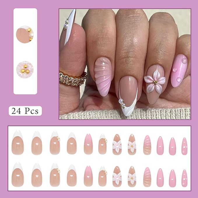 24Pcs Flower Press on Nails Medium Almond Fake Nails with 3D Floral Pearl Gold Beads Design White French Tip Nails Glossy Pink Nude Glue on Nail Full Cover Acrylic Stick on Nail for Women