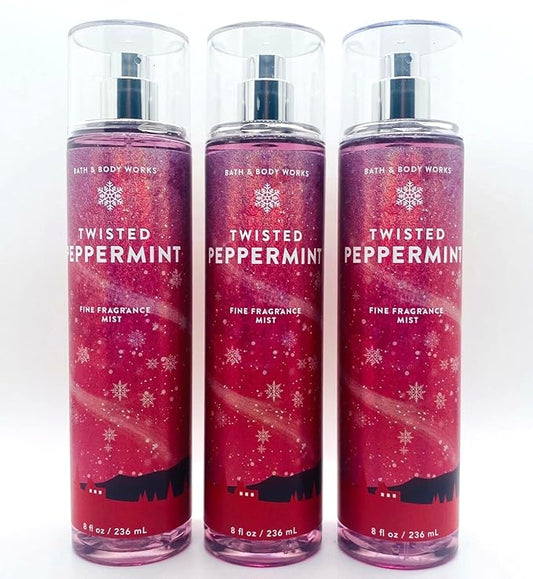 Lot of 3 Bath & Body Works Holiday Traditions Twisted Peppermint Fine Fragrance Mist 8 oz each (Twisted Peppermint)