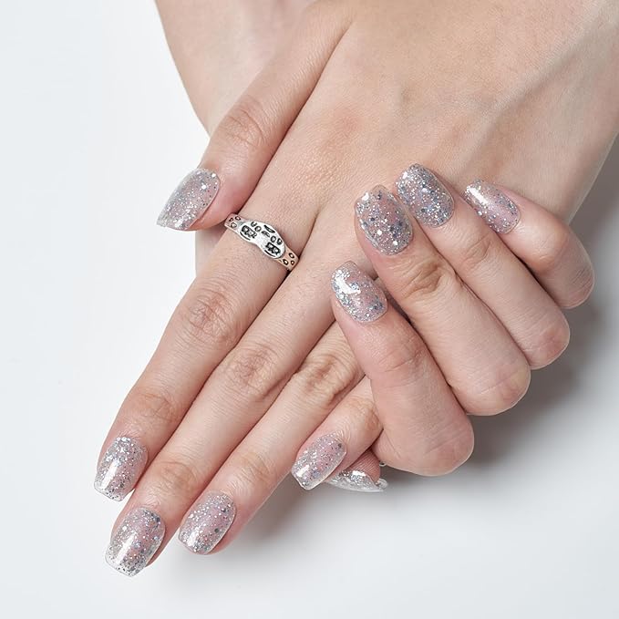 GLAMERMAID Press on Nails Extra Short Square, Spring Summer Handmade Glitter Silver Gel Glue on Nails, Glossy Fake Nails Reusable Acrylic False Nails Manicure Kits for Women