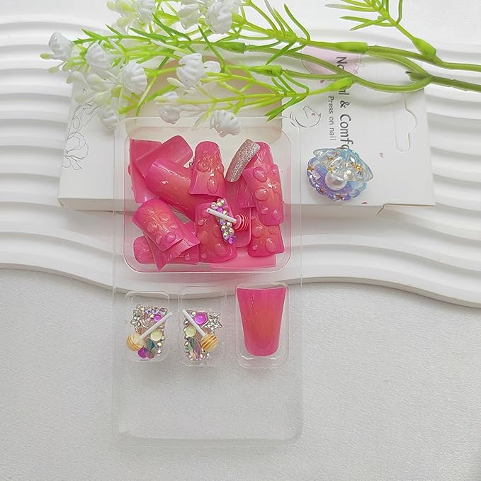 Duck Press on Nails Medium Fake Nails with Candy Star Rhinestones Charms Designs Gradient Nails Press ons Pink Acrylic Nails for Women 24Pcs