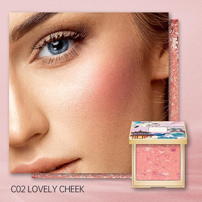 CATKIN Powder Blush for Cheek Blusher Natural Shimmering Blush & Highlight 2 in 1 Creamy Blendable Baked Blush Palette 10g C02 Lovely Cheek