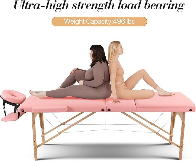 Massage Table Massage Bed, Portable 3 Section Foldable Tattoo Bed, Height Adjustable Lash Spa Bed with Face Cradle, Home Light Weight Facial Salon Bed with with Wood Frame, Light Pink