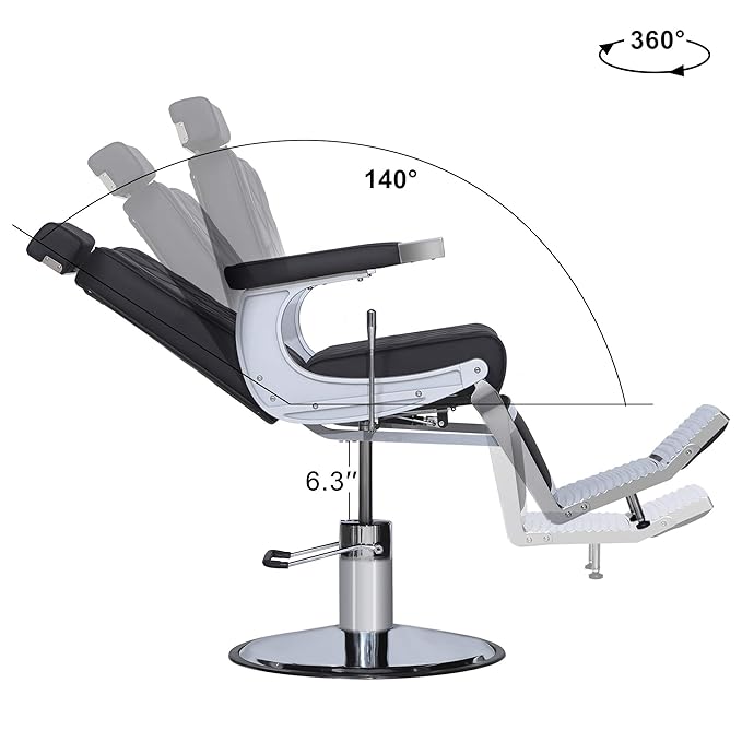 BarberPub Heavy Duty Metal Vintage Barber Chair All Purpose Hydraulic Recline Salon Beauty Spa Shampoo Equipment 3825 (Black with Black Stitches)