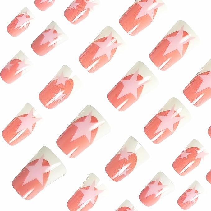 BABALAL Duck Nails Press on Fake Nails Star Glue on Nails Y2k Acrylic Nails White French Tip Gyaru False Nails 24Pcs Glossy Manicure Duck Bill Stick on Nails for Women Girls