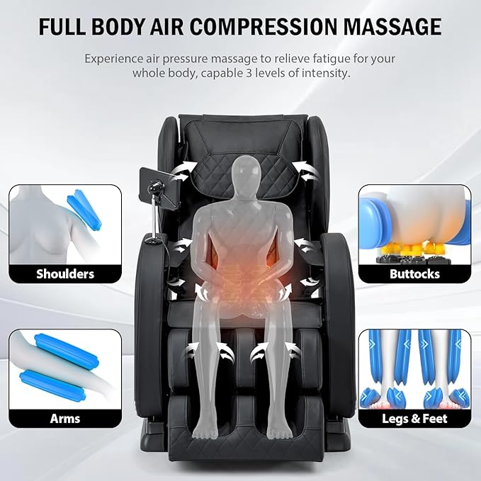 Massage Chair Full Body, Zero Gravity Massage Recliner with Air Pressure, 8 Fixed Points Massage Rollers, Heating, Foot Roller, LCD Screen Control, Home Office Use