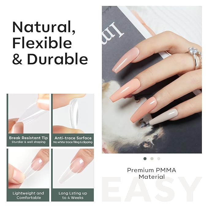Modelones Long Coffin Nail Tips - 500Pcs Fake Nails Gel Clear Soft Acrylic Press on Pre-shape Full Cover Gel Extension Home DIY Salon Art Design 10 Sizes