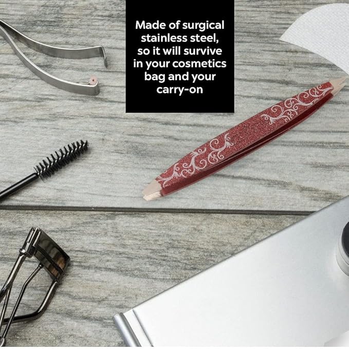 F.A.R.A.H Z-Tweeze Professional Stainless Steel Dual Ended Precision Tweezers - Aurora Collection (Red Scrolls)