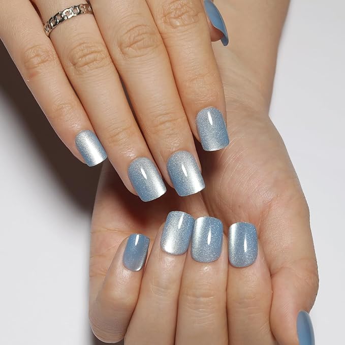 Light Blue Press On Nails Square – Short Cat Eye Fake Nails with Color-Shifting Glow, Reusable Stick On Nails, 15 Sizes, 30 Nail Kit with Glue, Thick Glue On Nails for Women, M2-Aurora Mist