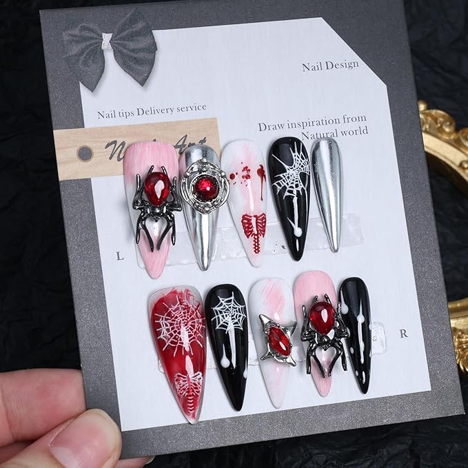 10Pcs Halloween Handmade Press on Nails Long Almond Goth Fake Nails 3D Spider Rhinestones with Spider Web Designs Black Red Press Ons Glue on Nails Horror False Nails for Women Acrylic Manicure Tips