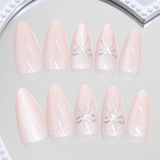 Hkanlre Cat Eyes Press on Nails Almond Pink Fake Gradient Nails Tips Full Cover False Medium Nails for Women 24PCS
