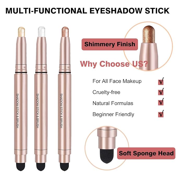 Champagne Eyeshadow Stick, Shimmer Cream Single Eyeshadow Pencil High Pigmented Eye Shadow Brightener Stick, Hypoallergenic Waterproof Long Lasting Highlighter stick Create Multi-Dimensional Eyes Look