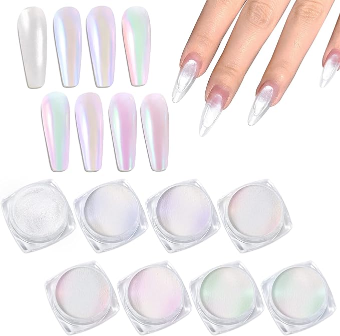 Laza White Pearl Chrome Nail Powder, 8 Colors Metallic Mirror Effect Pigment, Ice Transparent Aurora Nail Glitter Dust Kit for Gel Nail Art Decoration, Resin Craft, Gifts - Colorful White