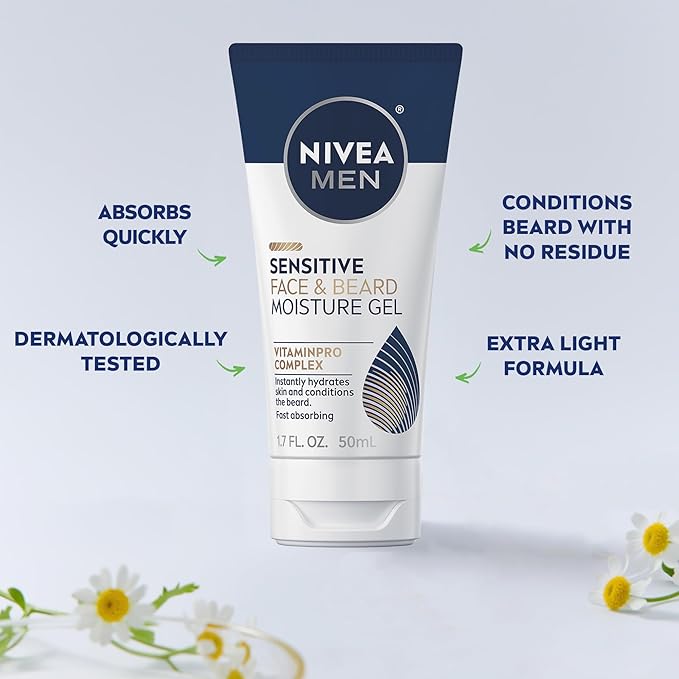 NIVEA Men Sensitive Face and Beard Moisture Gel, Gentle Face and Beard Moisturizer for Men Instantly Hydrates Skin and Conditions Facial Hair, 1.7 Fl Oz Tube, Pack of 3