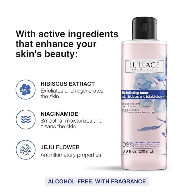 Lullage Exfoliating Toner for the Face with Hibiscus Extract, Alcohol-Free Face Toner for All Skin Types, Exfoliates, Cleanses, Purifies & Evens Skin Tone, 6.8 Fl Oz