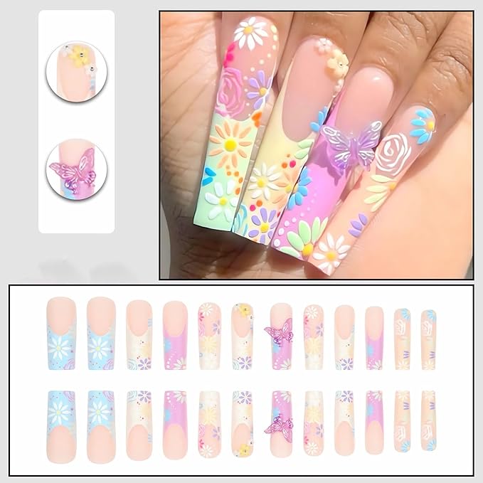BABALAL Press on Nails Long Square Fake Nails Yellow Purple French Tip Glue on Nails Flower Coquette Acrylic Nails Butterfly Charm False Nails 24Pcs Summer Stick on Gel Nails Squoval Nails