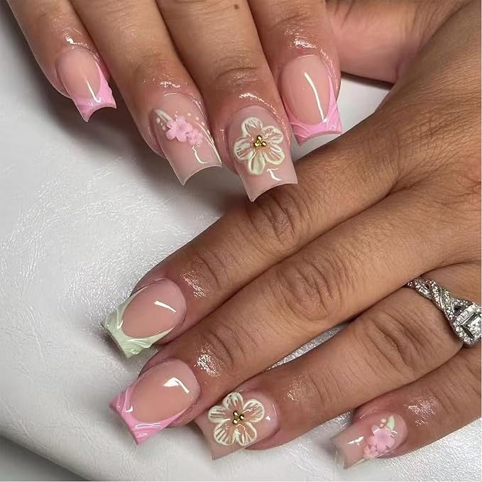 Pink French Tips Press on Nails Short Square Spring Fake Nails with 3D Flower Design Full Cover Glue on Nails Flowers Acrylic Nail Tips Kit Glossy Artificial Nails for Women Summer Nails Decor 24Pcs