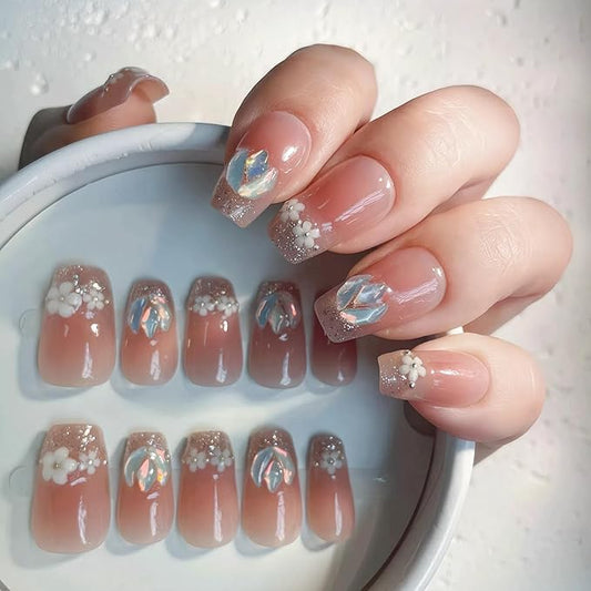 Tomato Red Press on Nails 3D Flower Coffin Fake Nails Medium Length False Nails Natural Fit Stick on Nail Tips for Spring and Summer