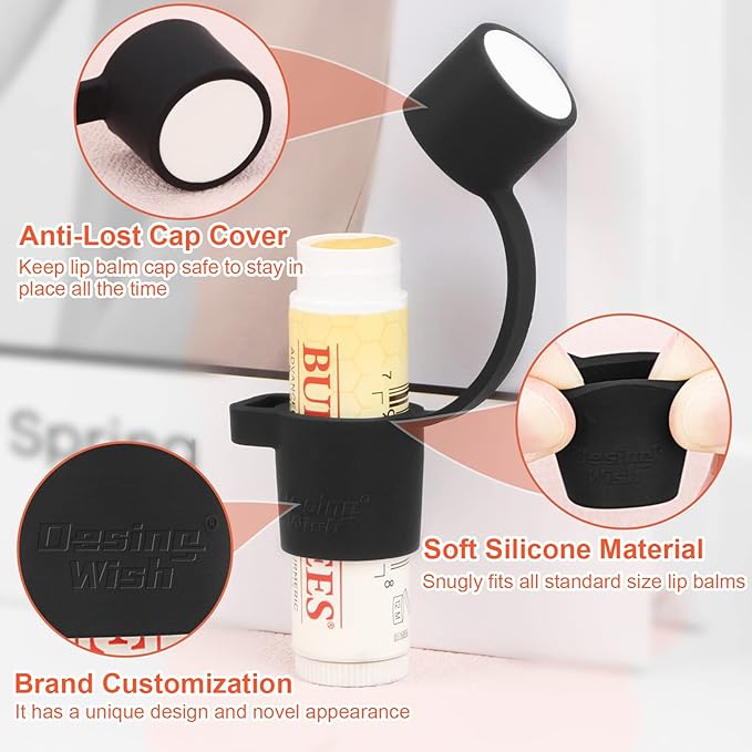 Desing Wish Silicone Lip Balm Holder with Cap Cover Portable Chapstick Holder Keychain Sleeve Lip Balm Key Chain with Key Ring and Wrist Strap Lanyard - Black