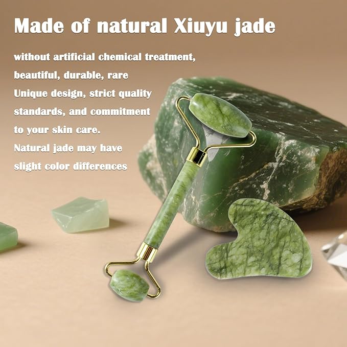 Jade Roller Gua Sha Tools - Nature Gua Sha Facial Tool Skin Tightening Face Massager Anti-Aging Jade Face Roller Puffiness Reducing Guasha Stone for Women Men