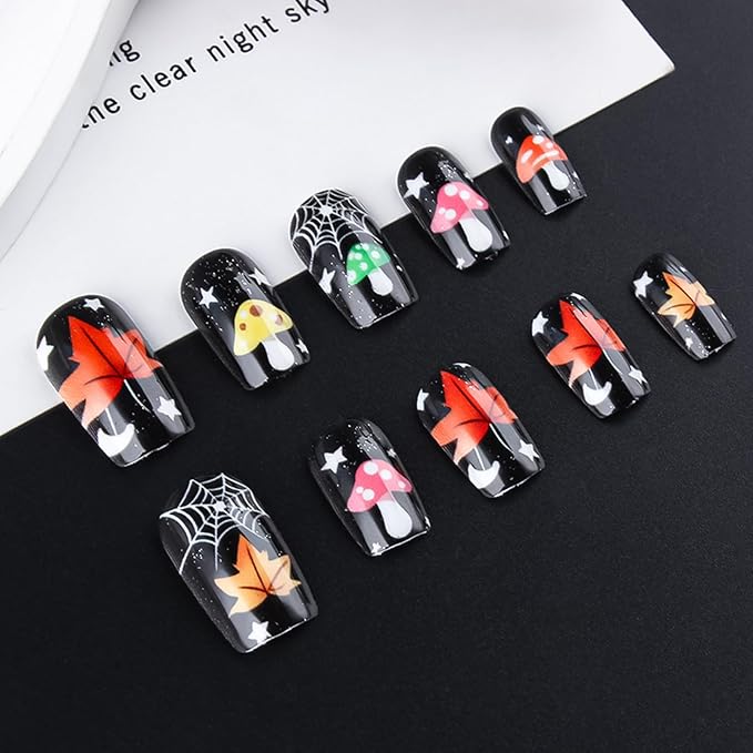 Fall Press on Nails Thanksgiving Maple Leaf Fake Nails Black Glossy False Nail with Cute Colorful Mushroom Designs Medium Square Acrylic Nails Halloween Spider Web Glue on Nail for Women
