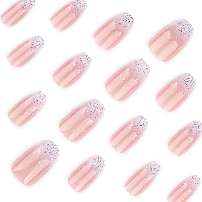 Press On Nails Spring Acrylic Nails for Women - Ombre Glitter Designer Fake Nails Short Coffin 24PCS, Glossy Soft Gel with Glue, Outdoor Picnic/Wedding/Party Reusable Stick On Nails Gift