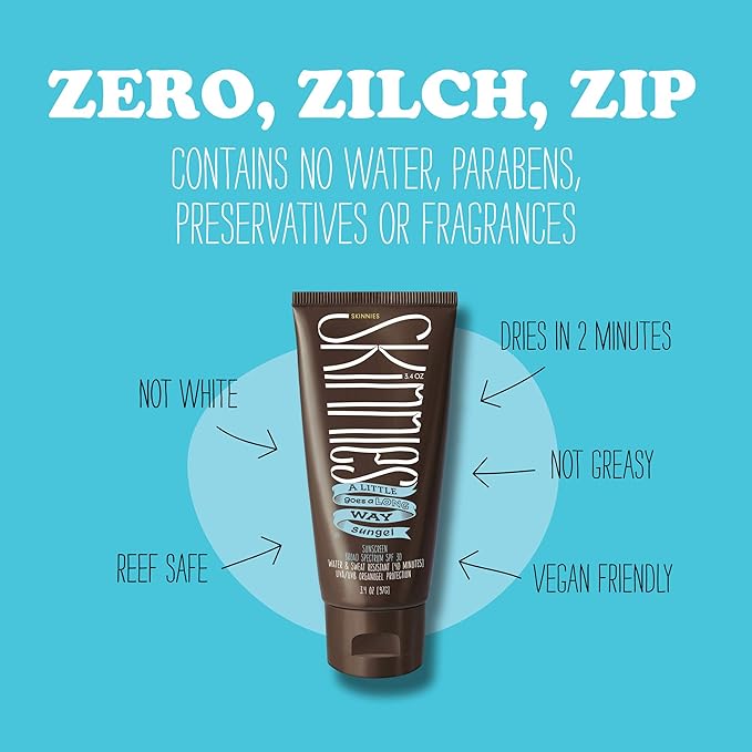 Skinnies Sungel New Formula SPF30 Eco Sunscreen, 3.4oz UVA UVB, Not Diluted With Water, Reef Safe, Vegan, Use Pea Size Blob