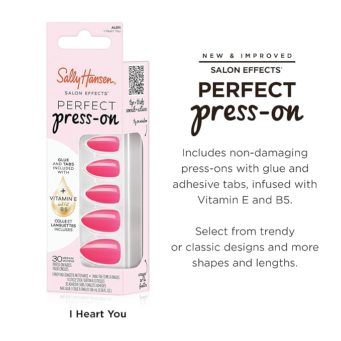 Sally Hansen Salon Effects Perfect Press-On Nails | Almond Shape | Easy to Apply, Non-Damaging | 30 Nails, Nail Glue, Adhesive Tabs, File| I Heart You