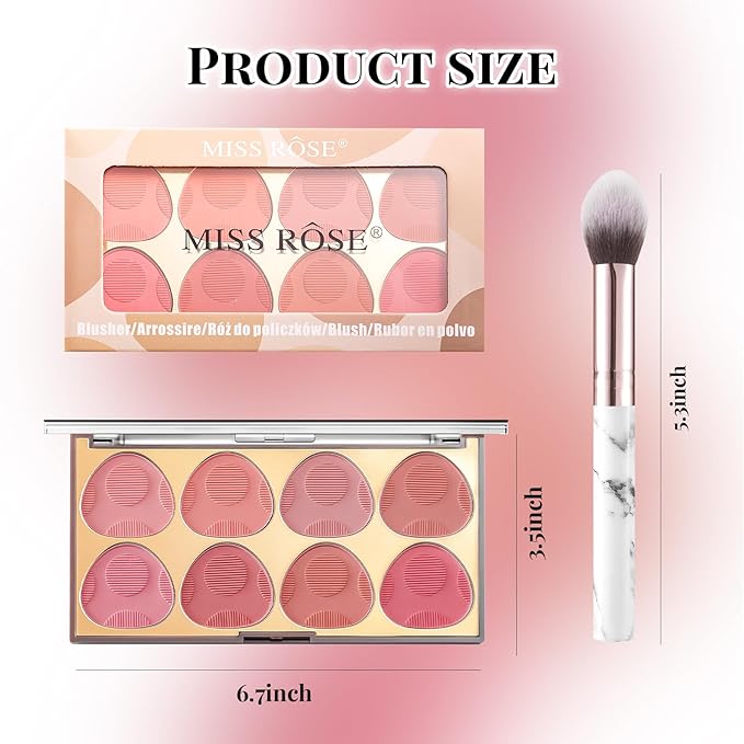 8 Colors Blush Palette, Smooth Blendable Powder Blush, Buildable Facial Cheek Blusher, Matte Blush Palette Makeup For Women, Waterproof Long-lasting Makeup Palette with Brush