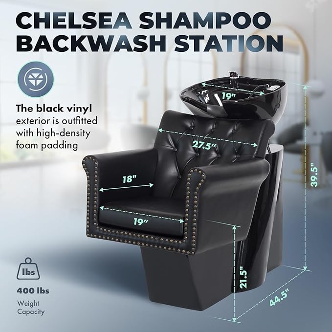 Buy-Rite Chelsea Shampoo Backwash Unit - Tufted Chair, Removable Cushion, Tilting Porcelain Bowl, Single-Lever Faucet, Vacuum Breaker & Install Kit Included - Black, NIN-9902BW