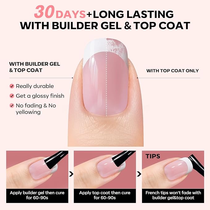 Modelones Gel Nail Kit, Top Coat, Nail Builder Gel, Press On Nails Kit with LED Light, 150 PCS Short Pink Square, 15 Sizes French Tip Press on Nails, Pre-Colored Nail Tips for Easy DIY Nail Art