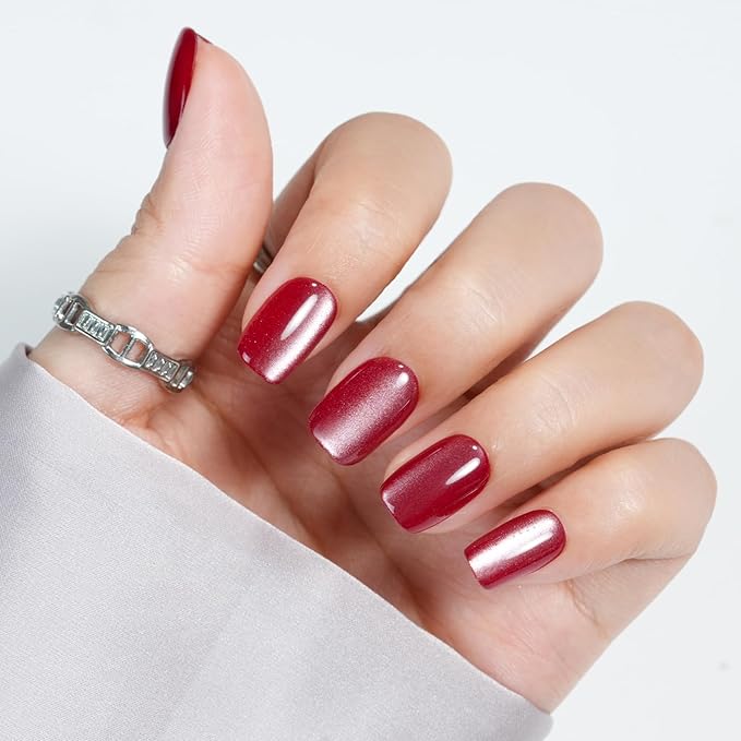 Cat Eye Press On Nails Short - Valentines Press On Nails Red, Square Glue On Nails with Nail Glue, Stick On Nails in 16 Sizes - 32PCS Soft Gel Fake Nails Kit, Mulled Wine