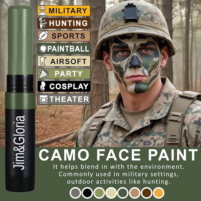 Jim&Gloria Water-Resistant Hunting Camo Face Paint Sticks - 8 Colors Camouflage Face Painting Kit Military Stuff Shooting Game Airsoft, Paintball, Tactical Gear, Eye Black Baseball, Softball, Football