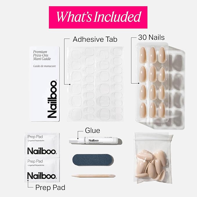 Nailboo Press On Nails, Salon-Quality Reusable Fake Nails for Fast DIY Manicure with Strong Hold Nail Glue for Press Ons, Nail File, & Alcohol Prep Pads, Nude Attitude