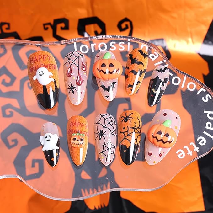 24Pcs Halloween Press on Nails Medium Almond French Tip Fake Nails 3D Cute Ghost Pumpkin Gems False Nails with Spider Web Bat Design Orange Stick on Nails Full Cover Artificial Glue on Nail for Women