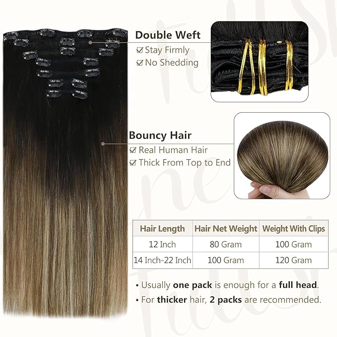 Full Shine 18 Inch Clip in Hair Extensions Real Human Hair Extensions Clip ins Ombre Black to Chestnut Brown Highlight Honey Blonde Silky Straight Human Hair 120 G 7 Pcs