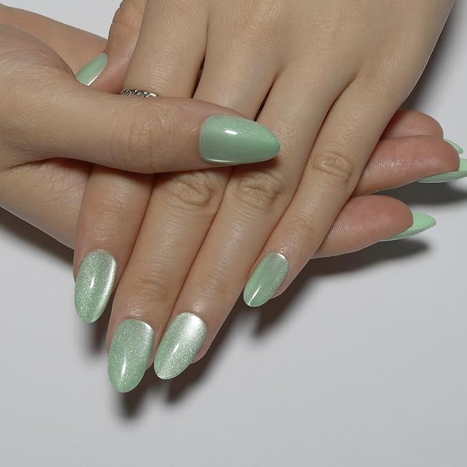 Green Almond Press On Nails Short Cat Eye Press on Nails with Glue for Women Ashionable Gel False Nails Reusable Acrylic False Nails Women's Glitter Nails Glue On Nails Kit, Mint Green