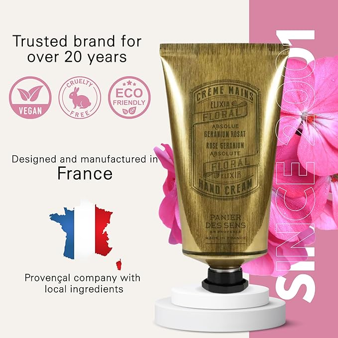 Panier des Sens Rose Geranium Hand Cream with Olive Oil - Nourishing Hand Cream for Dry Cracked Hands 97% Natural Ingredients - Dermatologically Tested Hand Lotion for Woman Made in France, 2.5 fl oz