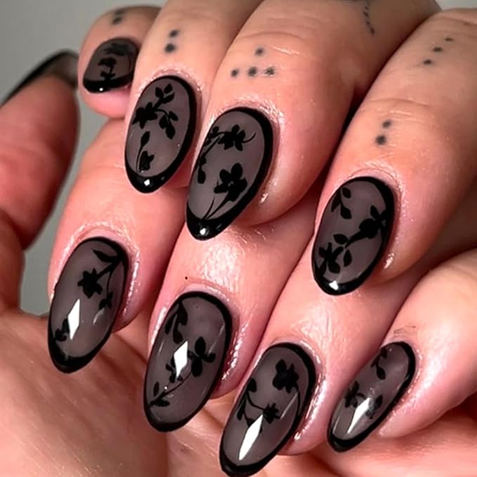 Fall French Tip Press on Nails Medium Almond False Nails with Black Flowers Design Full Cover Glue on Nail Reusable Floral French Tip Acrylic Fake Nails Artificial Stick on Nail for Women