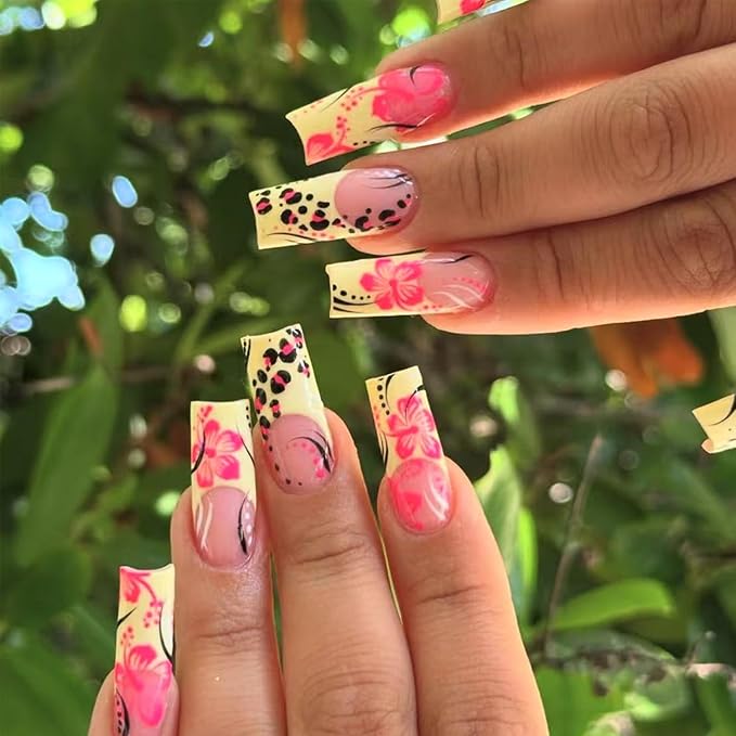 Fall French Tip Press on Nails Long Square False Nails With Pink Flower Design Full Cover Glue on Nail Reusable Withe French Tip Acrylic Fake Nails Glossy Artificial Stick on Nail for Women